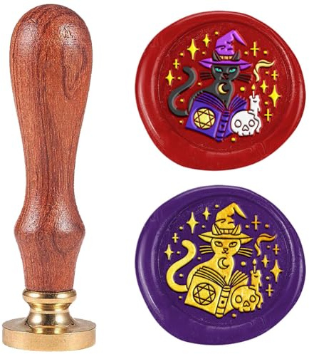 DELORIGIN Siegelstempel Aus Wachs Mit Magischer Schwarzer Katze 25mm Abnehmbarer Messingkopf Personalisiert Wachssiegel Mit Holzgriff Für Umschläge Hochzeitseinladungen Halloween Geschenkverpackungen