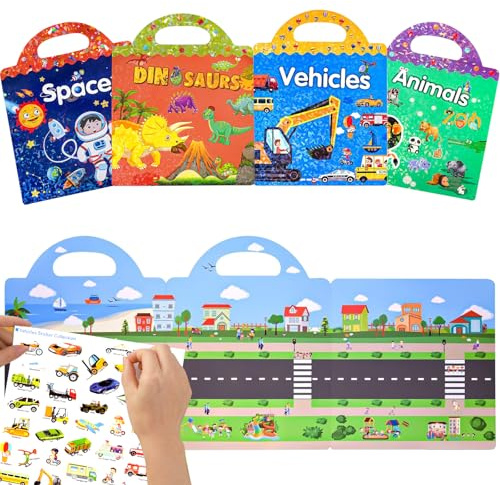 Wiederverwendbare wasserdichte Stickerbuch-Spielzeuge für Kinder - 4er Pack，3-6-jährige Jungen, Mädchen, 3D Klare Kleinkinder Sticker ，pädagogische Lernspielzeuge