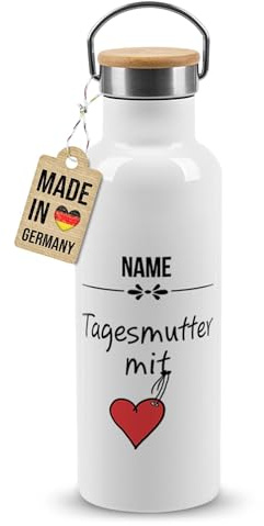 PR Print Royal Personalisierte Edelstahl-Trinkflasche mit Name selbst gestalten - Tagesmutter mit Herz - Personalisiertes Geschenk Tagesmutter | Thermosflasche Weiß, 500 ml