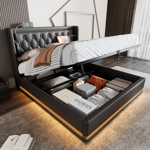 Ymkua Polsterbett 140x200 Doppelbett, Stauraumbett mit LED-Funktion, Bett mit Kopfteil und Lattenrost, Jugendbett mit USB Typ-C Ladefunktion Hydraulisch Bett, Bettgestell, Schwarz Ohne Matratze