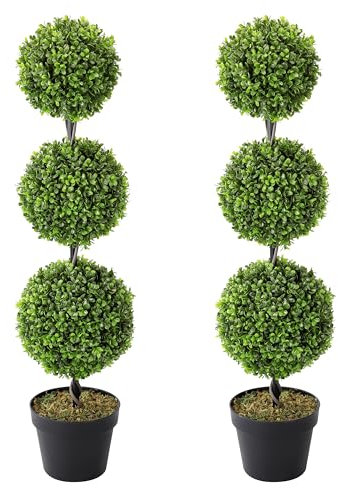 DUZYXI Confezione da 2 alberi di bosso artificiale da 0,9 m, con sfere artificiali per decorazione di porte d'ingresso, portico, piante verdi, con vasi neri, decorazione per casa, ufficio, scrivania,