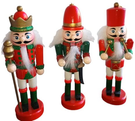 Set Of 3 Traditional Wooden Nutcracker Christmas Tree Baubles - King, Soldier & Drummer - Red, Green, White - 13 cm