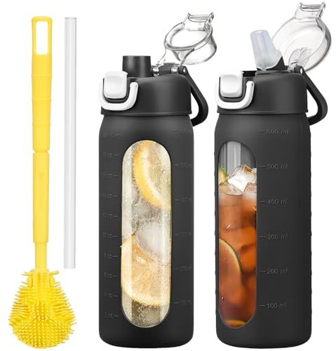 HYDRAGLAZIC 600 ml dricksflaska glas med sugrör, glasflaska med halkfritt silikonfodral, bred öppning, läckagesäker för kaffe och vattenflaska, BPA-fri, svart