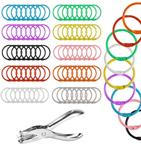 80 Stk Buchringe 30mm Metall, bunte Loseblatt-Verbinder für Karten | Vielseitige Metallringe für Scrapbook, Fotoalbum & Basteln. Mit Locher zum einfachen Binden von lose Blättern