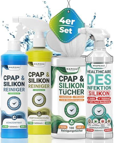 CPAP Reiniger 4er Set | Reinigungsspray | Konzentrat | Desinfektion | 100x Reinigungstücher, Sauerstoff Masken Cleaner je 500ml, Mapeau