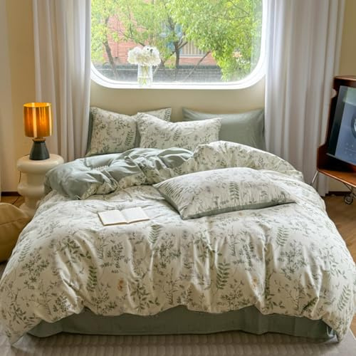 Freyamy Bettwäsche 200x220 Baumwolle Grün Pflanzen Blumen Bettwäsche Set | Bettwäsche für Allergiker, Aesthetic Bettwäsche Mädchen, ÖKO-TEX Bettbezug mit Reißverschluss und 2 Kissenbezug 80x80cm