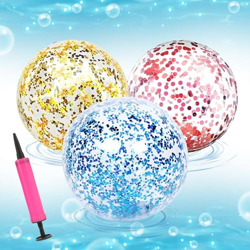peiyee Strandboll, glitter, 3 stycken med en ballongpump, uppblåsbara glitter, vattenboll, transparent, glitter, vattenkulor, 40 cm, för strand, pool, fest, vattenleksaker, glitter, uppblåsbart