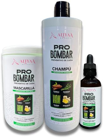 Aliyaa Beauty Pro Bombar Kit Anticaída, Champú 1000ml, Mascarilla 1000ml, Tónico 100ml, con Canela, Romero, Bambú y Jengibre