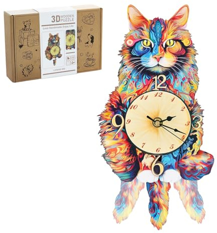 Lilcubics 3D Wooden Model Kits for Adults to Build-Mechanical DIY Clock Kit Wooden Puzzles Cat Clock with Swinging Pendulum, Cat Lovers Gifts for Women-Creative Home Decor