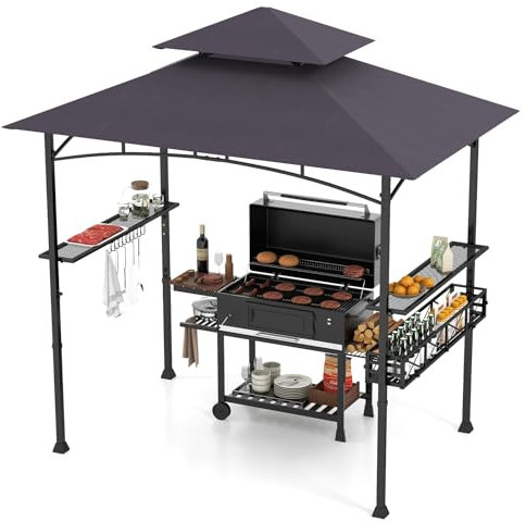 HOMASIS Gazebo per Barbecue con Tettoia Laterale, Pergolato da Giardino con Doppio Tetto, 2 Tavoli e Ganci, Pergola Addossata per Esterno, Gazebo per griglia/BBQ (Grigio Scuro, 242 x 153 x 250 cm)