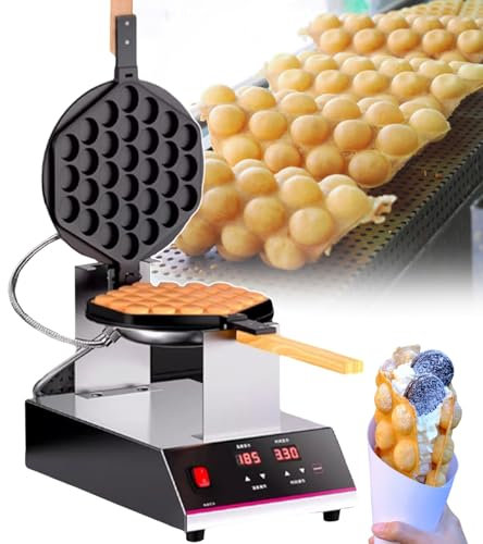 pealiritansemen Professional Bubble Waffle Maker with Dual-Sided Heating - 180° Rotating Egg Puff Machine, 0-9 Min Timing & 50-250°C Digital Display For Cafés/Bakeries/Street Food,SingleHead