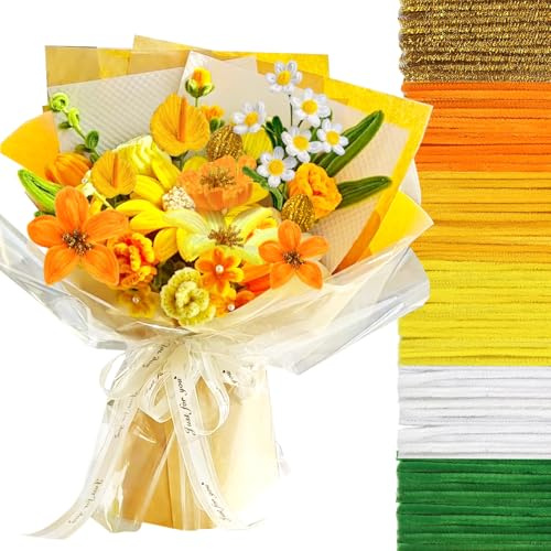 TOAOB Juego de 380 limpiadores de pipas de 6 colores, naranjas y flores, incluye limpiador de pipas de chenilla con purpurina amarilla para girasoles, proyectos de manualidades y decoraciones