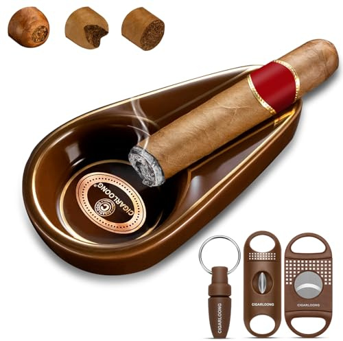 Cendrier à cigares en céramique avec coupe-cigare en V, guillotine à double lame et foret tranchant, cendrier incassable pour l'extérieur et l'intérieur (Marron)