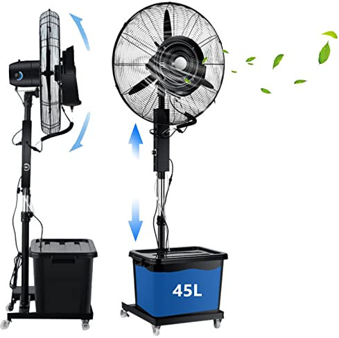 Ventilatore industriale per umidificazione e raffreddamento, ventilatore a piantana per esterni con serbatoio di grande capacità da 45 litri, kit di nebulizzazione, funzione di oscillazione, ventola