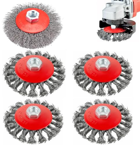 5 Pezzi M14 Spazzole Metalliche, Ferro Zincato, Diametro 100 mm, Accessori per Smerigliatrici Angolari, per Lucidare, Smerigliare, Decalcificare, Sbavare i Trapani (5)