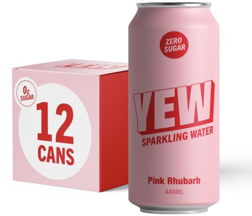 YEW Pink Rhubarb Sparkling Water - 12 x 440ml Cans - ZERO Sugar, ZERO Sweetener, Naturally Flavoured Sparkling Water, Calorie Free, Gluten Free, Keto Friendly and Vegan Healthy Fizzy Drink
