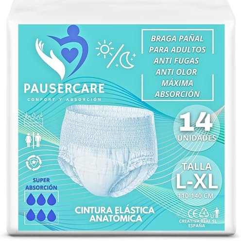 PAUSERCARE Braga Pañal Ropa Interior-Adulto Unisex |Super Absorbentes Para Incontinencia Severa | Hombres & Mujeres | 15 Unidades Desechables | Máxima Protección Discreta | Día y Noche (L-XL)
