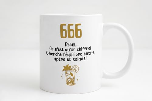 Groovy crea Mug 666 humour spirituel – Tasse drôle café – Cadeau original femme homme collègue – Numérologie, ange, apéro fun
