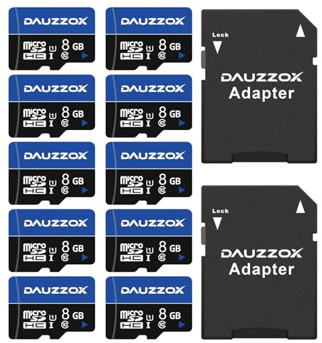 DAUZZOX Lot de 10 Cartes Micro SD 8Go UHS-I U1 C10 80Mo/s avec Adaptateurs | Compatible avec smartphones, appareils photo, drones et caméras de surveillance