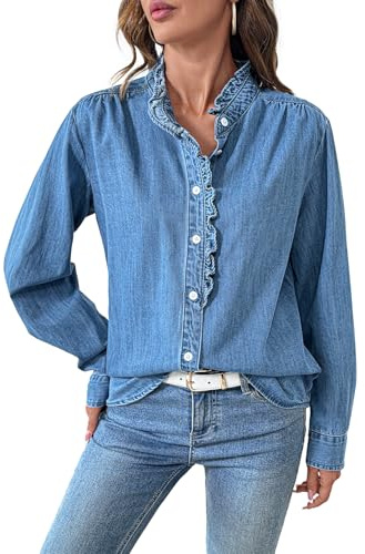 Sidefeel Womens Denim Blouses Button Down V Neck Ruffled Casual Long Sleeve Chambray Jean Western Shirt Light Blue Large