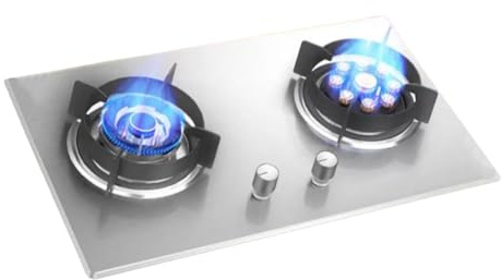 Cuisinière À Gaz Portable, Poêle À Frire Haute Puissance 7,2 KW À 9 Cavités, Plaque De Cuisson À Gaz Intérieure À 2 Brûleurs, Grille En Fonte Et Verre Trempé(Silver,NG)