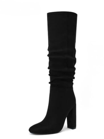 Botas Mujer Holgadas Altas hasta La Rodilla Tacón Grueso Punta Redonda Ante Botines Plantilla Acolchada Noche Fiesta Baile Casual Elegantes Duraderos,Negro,38.5 EU