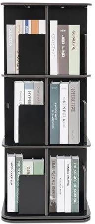 ClearFragrans Drehbares Bücherregal 360 Grad, 3 Ebenen 12 Fächer, Bodenstehendes Lagerregal, Standregal, Drehregal, Bücherschrank, Dekoregal, für Wohnzimmer, Arbeitszimmer, Büro, Schwarz
