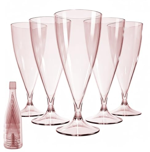 Cozary 5 Stück Sektgläser Plastik mit 1 Tassenhülle, 155ml Sektgläser Kunststoff Mehrweg, Abnehmbar, Plastik Cocktailgläser, für Sektempfang, Hochzeit, Geburtstag, Picknick, Party - Rosa