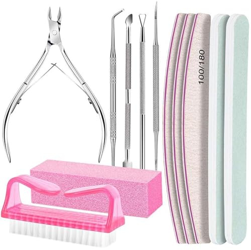 12 st manikyrset med 100/180 korn nagelfilar, buffertblock, nagelbandsverktyg för naturliga naglar, manikyr och pedikyr, rosa