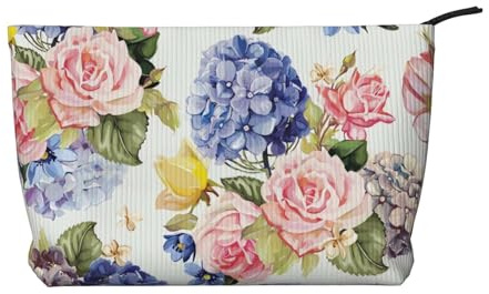 Hortensia Rose Fleur Printemps Floral,Trousse de Toilette en Velours côtelé, Trousse de Maquillage Portable pour Les Voyages
