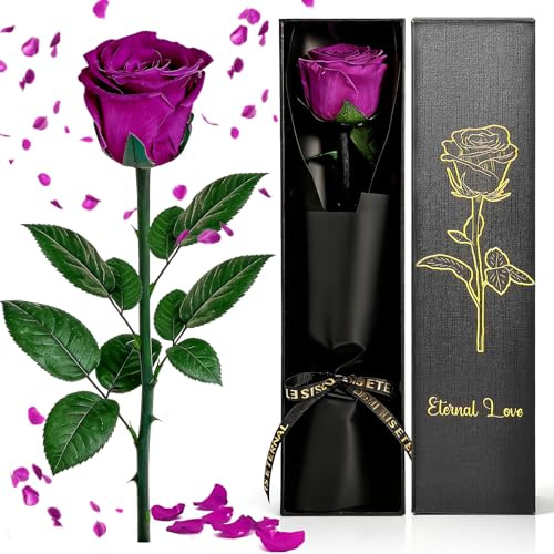Rose Eternelle Avec Tige, Violet Vraie Rose Fleur Eternelle En Coffret, Fleur Préservée Cadeau Idee Femme Cadeau Pour Saint-Valentin Femme, Anniversaire, Fete Des Meres, Amour