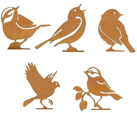 Decorazione per uccelli per esterni – 5 pezzi arte rustica per cortile, accento da giardino in metallo stagionato, set decorativo con sagome di aviaria | Recinzione vaso di fiori ramo paesaggio prato