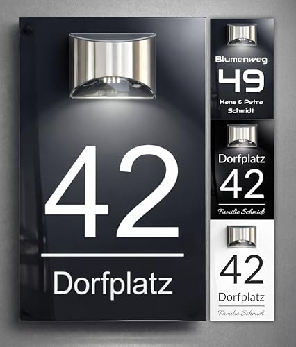 Premium Hausnummer | LED Solar beleuchtet | individuell anpassbar | 5mm Acrylglas Hochglanz in verschiedenen Farben | Wetterfest H1023 | Anthrazit, Weiß, Schwarz