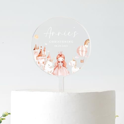 Personalised Princess Christening Cake Topper | Fairytale Castle Baptism Decoration | Custom Name & Date | Frosted Acrylic | 10cm or 12cm (WHITE TEXT, 10CM)