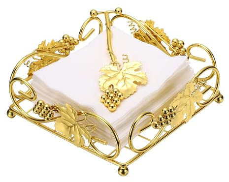 sourcing map Napkin Holder for Table, Flat Square Stainless Steel Napkin Dispenser Retro Iron Plated Tissue Stand Grape Leaf Vine with Weighted Arm for Kitchen Restaurant Bar Home Use, Gold