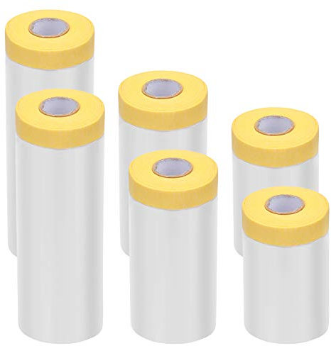Hedume 6 Pack Tape and Drape, Pre-Taped Masking Film for Automotive Painting Covering, Assorted Masking Paper, Automotive Best Masking Tape Painting (20M/Pack, 3 Sizes)