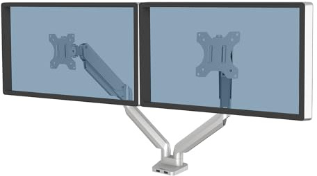 Fellowes Dual Monitor Arm - Platinum Series Mount for Two 8KG 32 inch Screens - Ergonomic Adjustable Arm Desk Mount - Tilt 45° Swivel 360° Rotation 360° VESA 75 x 75/100 x 100 - Silver