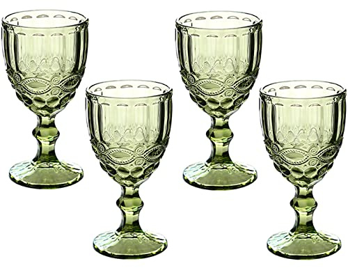 Taganov Juego de 4 copas de vino verde vintage para agua potable, vasos de agua de colores de 10 onzas, vasos de jugo para bodas y fiestas