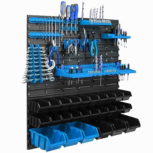Systeme de rangement de garage 77 x 78 cm, 26 boîtes de rangement empilables, supports a outils, bacs a bec de rangement, panneau de port outils