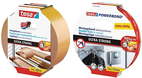 tesa Verlegeband extra stark klebend - doppelseitig klebend - 25mx50mm & Powerbond ULTRA STRONG - Doppelseitiges, extra starkes Montageband zur permanenten Befestigung im Außen- und Innenbereich - 5m