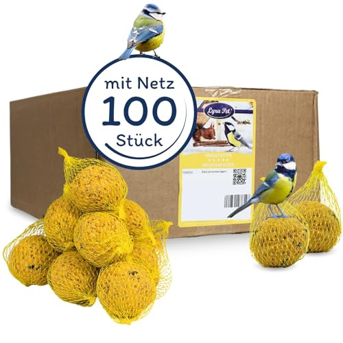 Lyra Pet® 100 STK. Basic Meisenknödel mit Netz à 90 g = 9 kg Vogelfutter | Ganzjähriger Energiespender - Nährstoffreiches Wildvogelfutter - Fettfutter für Sommer & Winter - Mit Netz zum Aufhängen