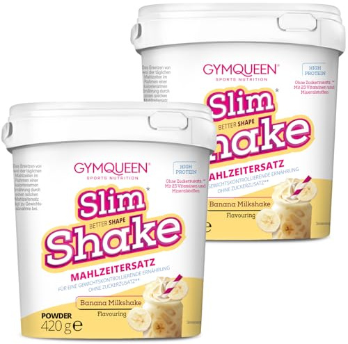GymQueen Slim Shake, Banana Milkshake, 2 x 420 g | Mahlzeitenersatz mit 21 g Protein pro Portion, cremig, ohne Zuckerzusatz, mit Vitaminen und Mineralstoffen