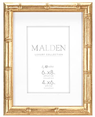 Malden International Designs 4x6 Matted Gold Bamboo PS Moulding Picture Frame Antique Gold Finish White Matboard