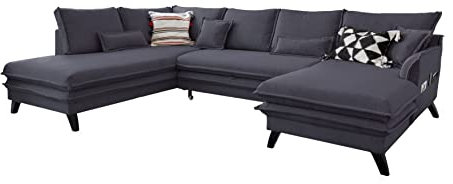 MIUFORM Ecksofa U-Form mit Schlaffunktion und Bettkasten | Charming Charlie | Wohnladschaft Couch Schlafcouch Wohnzimmer Gästezimmer | Holzlfüße Boho-Stil (Anthrazit, Links ausgerichtet)