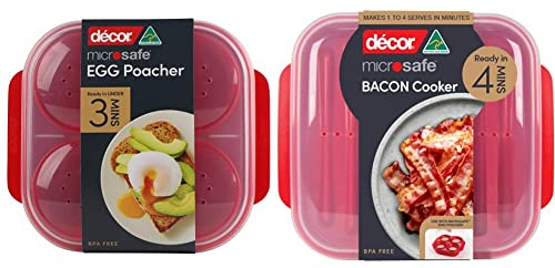 Décor Microsafe Egg Poacher | BPA Free | Microwave Cookware | Dishwasher Safe | 4 Egg Tray & Microsafe Bacon Cooker | BPA Free | Microwave Cookware | Dishwasher Safe, Red, One Size, 225600-004