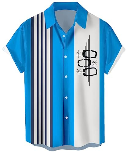 Poker- och bowlingskjorta i vintagestil för män, 1950-tal, retro, kortärmad, buttondown, hawaii-skjorta, Blå fyrkant, L