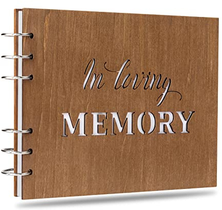 Creawoo Libro de invitados funerarios de madera para decoración de celebración de la vida, tapa dura en memoria amorosa con páginas blancas, 8.5 pulgadas