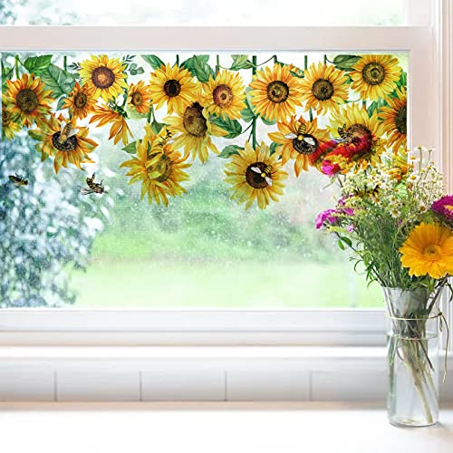 GORGECRAFT Large Sunflower Bee Window Clings Transparent Stained Spring Flower Window Stickers Reusable Static Non Adhesive Double-Sided Decor Summer Removable Window Sticker Glass Door Covering Film