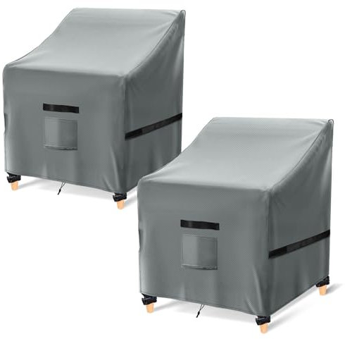 GARPROVM Garden Chair Covers Waterproof 2 Pack, Outdoor Chair Covers Waterproof 600D Oxford Fabric Patio Chair Covers With Vent Strap Handle Buckle for Stacking Chairs Armchair (Grey, 97x90x79cm)