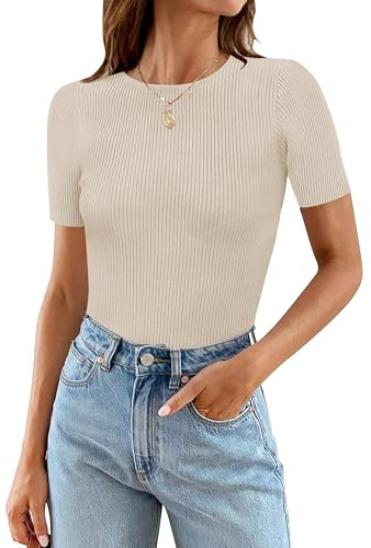 MEROKEETY Women's Short Sleeve Crewneck Bodysuits Summer Ribbed Knit Tops Slim Fit Body Suit Almond M